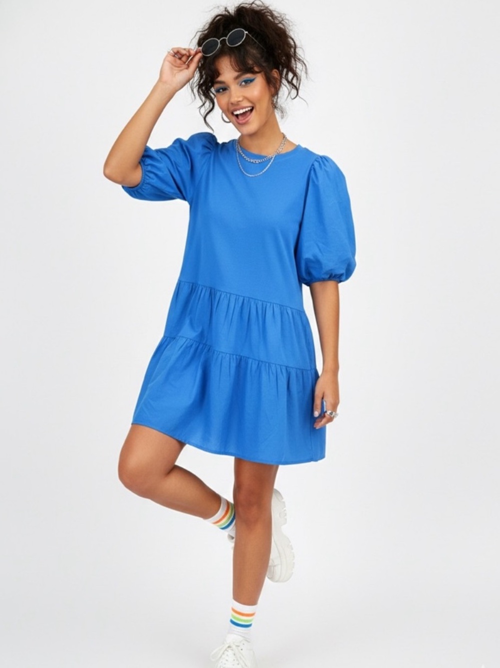 Zara Royal Blue Tiered Puff-Sleeve Poplin Mini Babydoll Dress